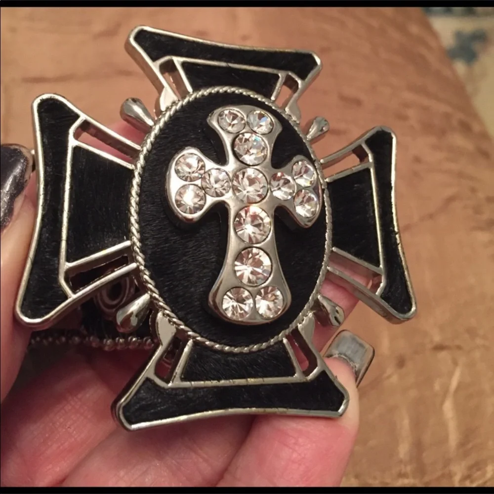 Black Cowhide Leather Belt With Silver And Crystal Cross Embellishments